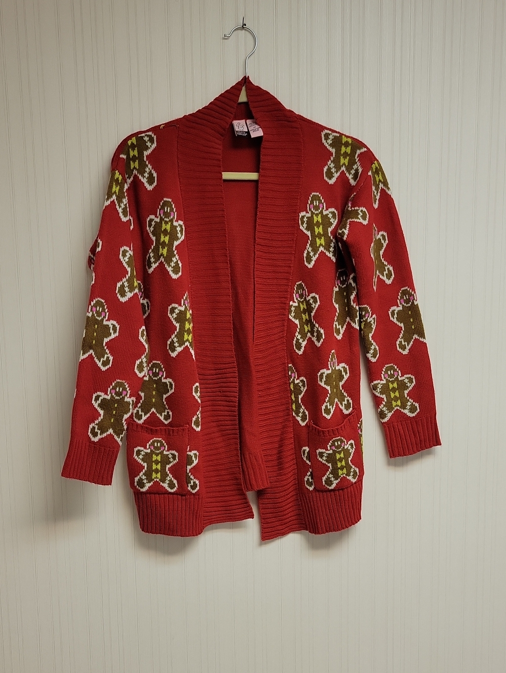 Love On A Hanger Red Gingerbread Pattern Open-Front Cardigan Sweater XS Holiday